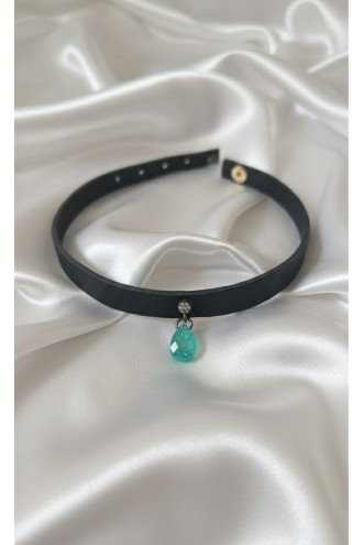 925 Ayar Yeşil Damla Taş Sallantılı, Deri Choker Kolye