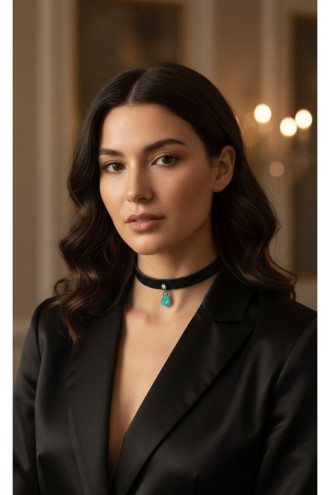 925 Ayar Yeşil Damla Taş Sallantılı, Deri Choker Kolye 925 Ayar Yeşil Damla Taş Sallantılı, Deri Choker Kolye