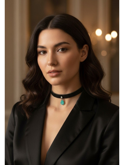 925 Ayar Yeşil Damla Taş Sallantılı, Deri Choker Kolye 925 Ayar Yeşil Damla Taş Sallantılı, Deri Choker Kolye