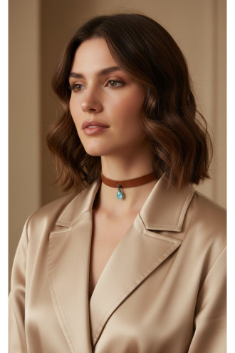 925 Ayar Mavi Damla Taş Sallantılı, Deri Choker Kolye