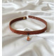 925 Ayar Bal Rengi Damla Taş Sallantılı, Deri Choker Kolye 925 Ayar Bal Rengi Damla Taş Sallantılı, Deri Choker Kolye