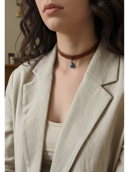 925 Ayar Füme Damla Taş Sallantılı, Deri Choker Kolye