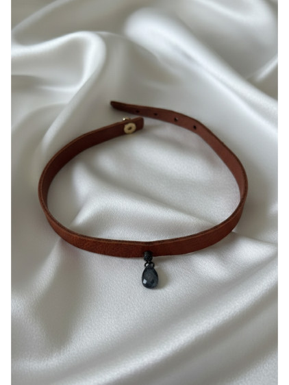 925 Ayar Füme Damla Taş Sallantılı, Deri Choker Kolye