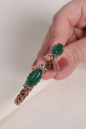 Yeşil Akik Taşlı Örgü Model Bakır Bilezik
