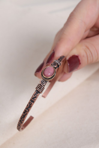 Rodonit Taşlı Oval Saf Bakır Otantik İnce Bilezik