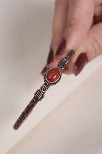 Kehribar Taşlı Oval Saf Bakır Otantik İnce Bilezik