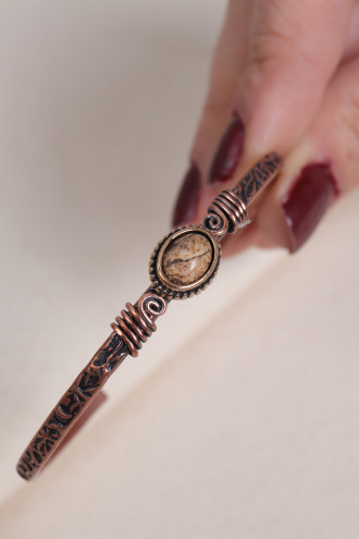 Kahverengi Jasper Taşlı Oval Saf Bakır Otantik İnce Bilezik