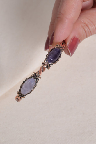 Pembe Kuvars ve Ametist Taşlı Örgü Model Bakır Bilezik