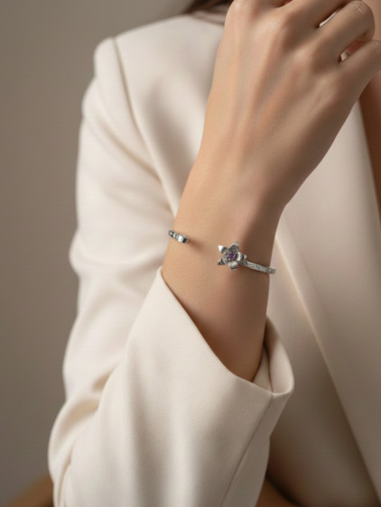 Silver Renk Ayarlanabilir Dövme Kelepçeli Doğum Ayı Çiçeği Bilezik (Şubat)