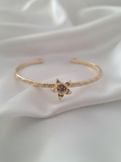Gold Renk Ortası Açık Dövme Kelepçeli Doğum Ayı Çiçeği Bileklik (Şubat)