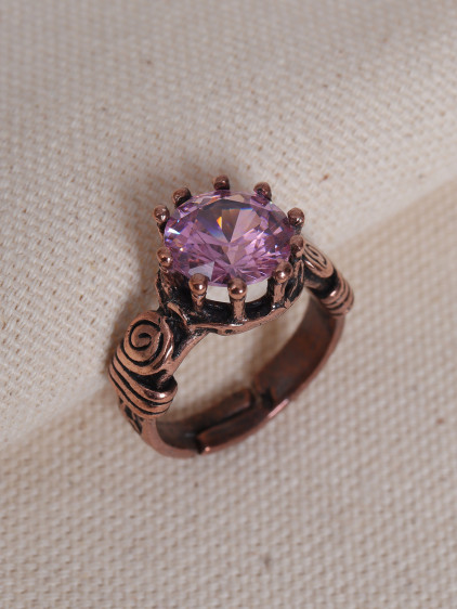 Pembe Taşlı Otantik Saf Bakır Yüzük