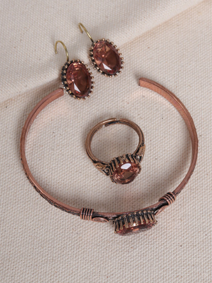 Zultanit Taşlı Saf Bakır Otantik Set ( Bilezik,Yüzük,Küpe)