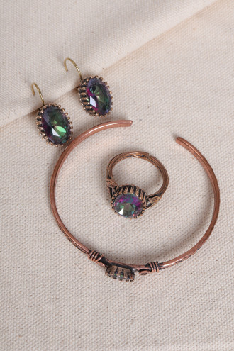 Mistik Topaz Taşlı Saf Bakır Otantik Set ( Bilezik,Yüzük,Küpe)