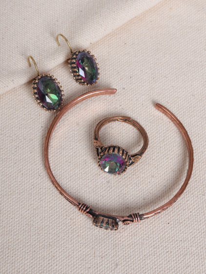 Mistik Topaz Taşlı Saf Bakır Otantik Set ( Bilezik,Yüzük,Küpe)