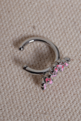 Pembe Mineli Çiçek Figürlü Silver Renk Kıkırdak Küpe