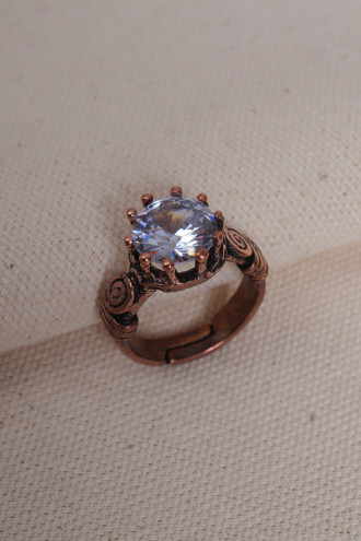 Beyaz Taşlı Otantik Saf Bakır Yüzük