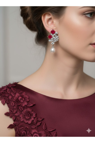 Bordo Taşlı, İnci sallantılı Abiye Zirkon Küpe