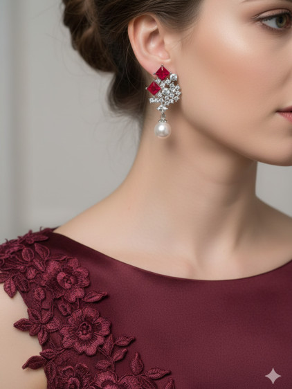 Bordo Taşlı, İnci sallantılı Abiye Zirkon Küpe