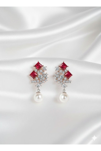 Bordo Taşlı, İnci sallantılı Abiye Zirkon Küpe