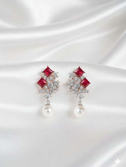 Bordo Taşlı, İnci sallantılı Abiye Zirkon Küpe