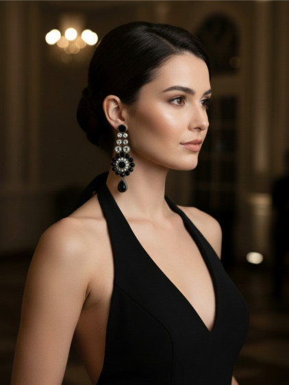 Çiçek Figürlü, Siyah Taşlı, Sallantılı Abiye Küpe