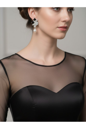 Siyah Taşlı, İnci sallantılı Abiye Zirkon Küpe