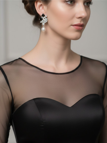 Siyah Taşlı, İnci sallantılı Abiye Zirkon Küpe