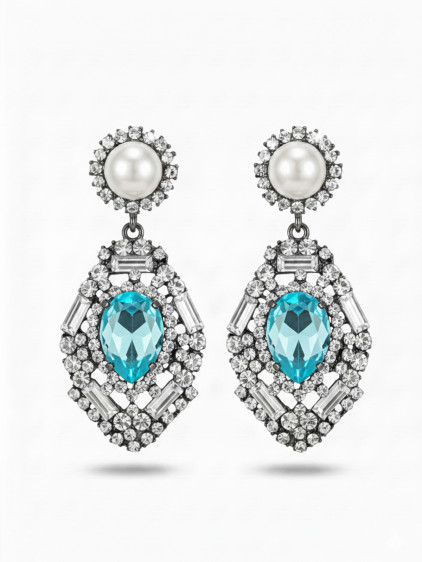 Cam Göbeği Mavi taşlı, İncili Abiye Küpe