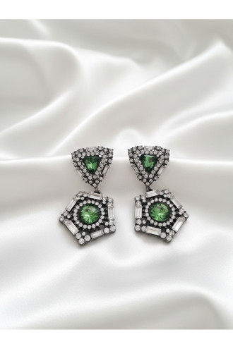 Yeşil Geometrik Taşlı, Sallantılı Abiye Küpe