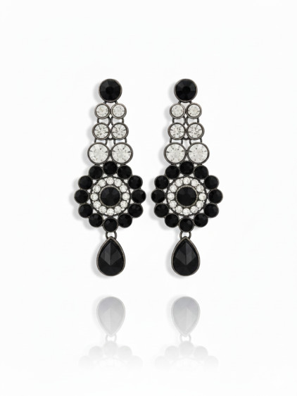 Çiçek Figürlü, Siyah Taşlı, Sallantılı Abiye Küpe