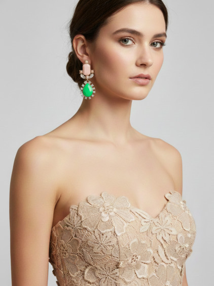 Yeşil Fosforlu Taşlı, Sallantılı Abiye Damla Küpe