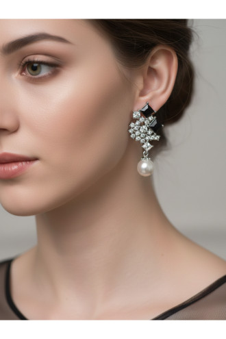 Siyah Taşlı, İnci sallantılı Abiye Zirkon Küpe