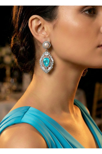 Cam Göbeği Mavi taşlı, İncili Abiye Küpe