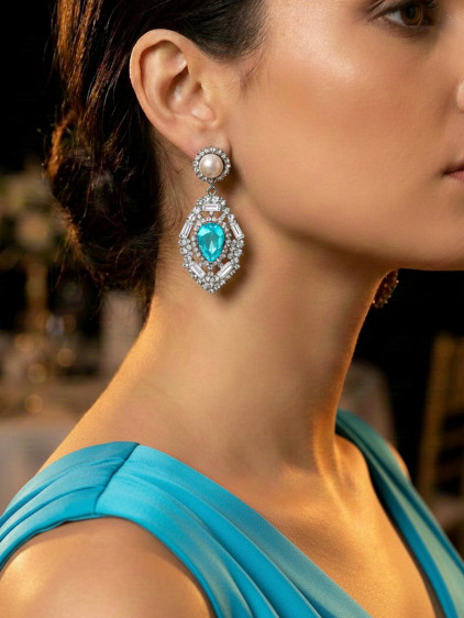 Cam Göbeği Mavi taşlı, İncili Abiye Küpe