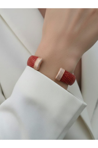 İki Ucu Taşlı Gümüş Aparatlı Vatoz Derisi Kırmızı Bileklik