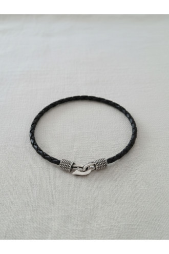 925 Ayar Gümüş, Deri Kordonlu Siyah Erkek Bilekliği