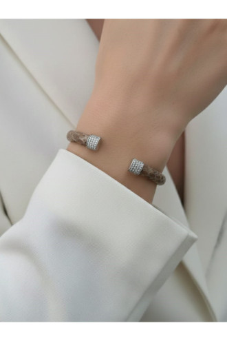 İki Ucu Taşlı Gümüş Aparatlı Yılan derisi Sütlü Kahve Bileklik