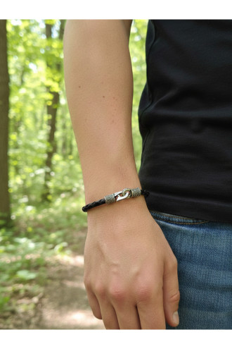 925 Ayar Gümüş, Deri Kordonlu Siyah Erkek Bilekliği
