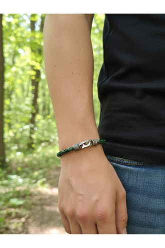 925 Ayar Gümüş, Deri Kordonlu Yeşil Erkek Bilekliği