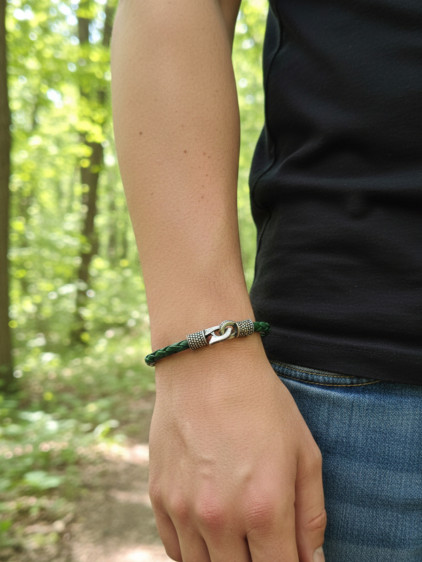 925 Ayar Gümüş, Deri Kordonlu Yeşil Erkek Bilekliği