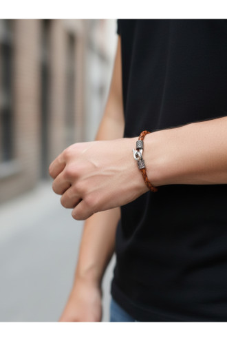 925 Ayar Gümüş, Deri Kordonlu Kahverengi Erkek Bilekliği