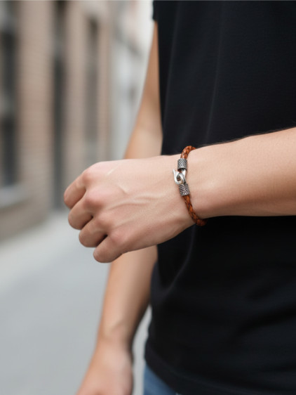 925 Ayar Gümüş, Deri Kordonlu Kahverengi Erkek Bilekliği