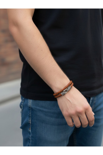 925 Ayar Gümüş, Deri Kordonlu Çift Dolama Kahverengi Erkek Bilekliği