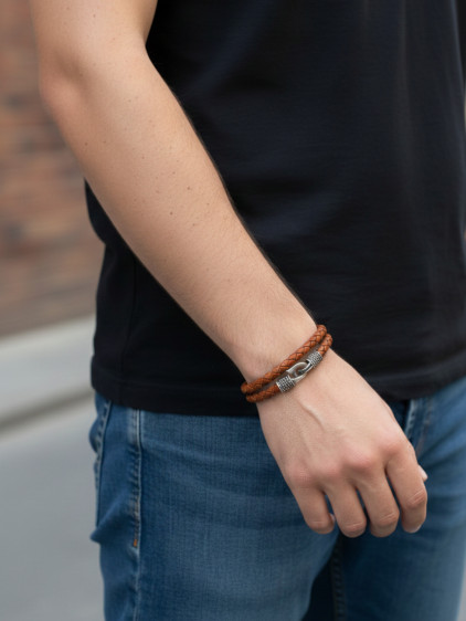 925 Ayar Gümüş, Deri Kordonlu Çift Dolama Kahverengi Erkek Bilekliği