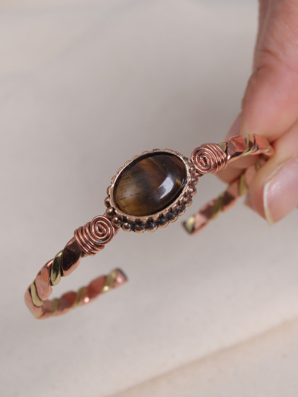 Kaplan Gözü Taşlı Rose&Gold Kollu Bakır Bilezik