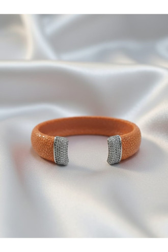 İki Ucu Taşlı Gümüş Aparatlı Vatoz derisi Turuncu Bileklik