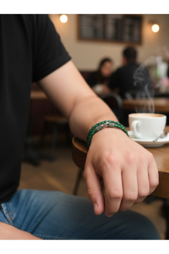 925 Ayar Gümüş, Deri Kordonlu Çift Dolama Yeşil Erkek Bilekliği