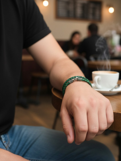 925 Ayar Gümüş, Deri Kordonlu Çift Dolama Yeşil Erkek Bilekliği