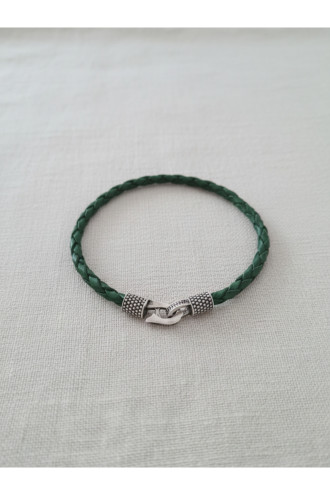925 Ayar Gümüş, Deri Kordonlu Yeşil Erkek Bilekliği
