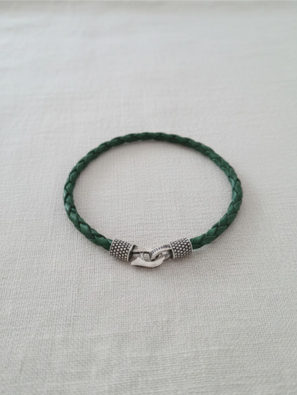 925 Ayar Gümüş, Deri Kordonlu Yeşil Erkek Bilekliği